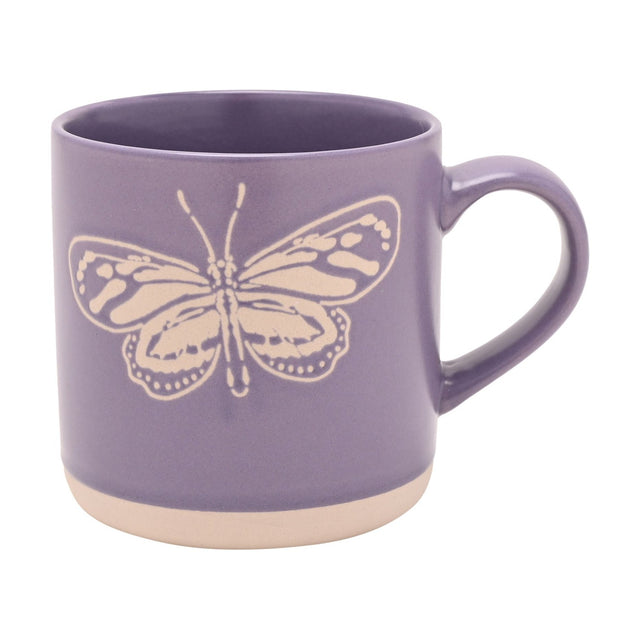 Purple stoneware mug with cream unglazed base and a wax-resist butterfly design in cream outline on the side, shown against a plain white background.