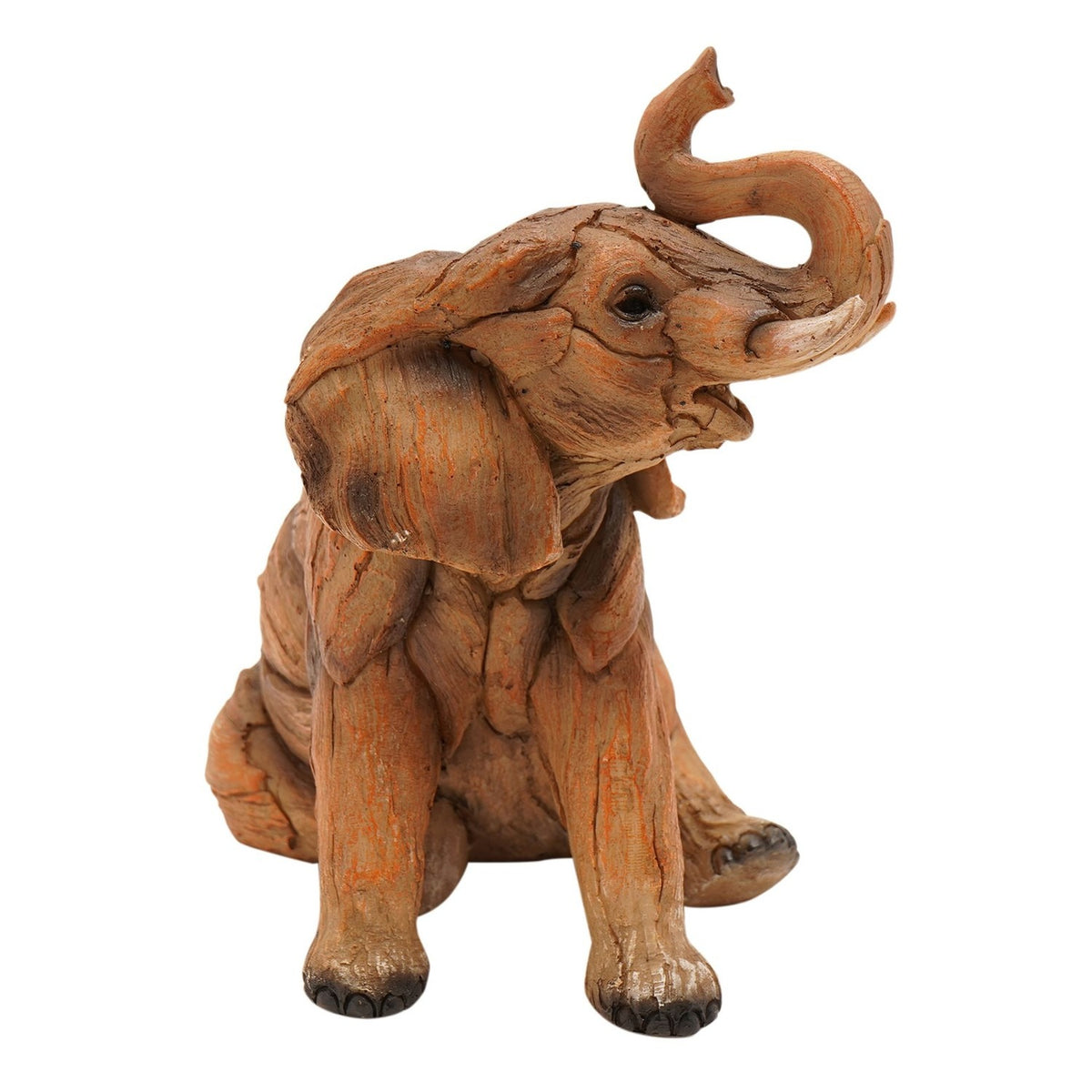 Wood Effect Sitting Elephant Resin Figurine 15.5cm - Brown