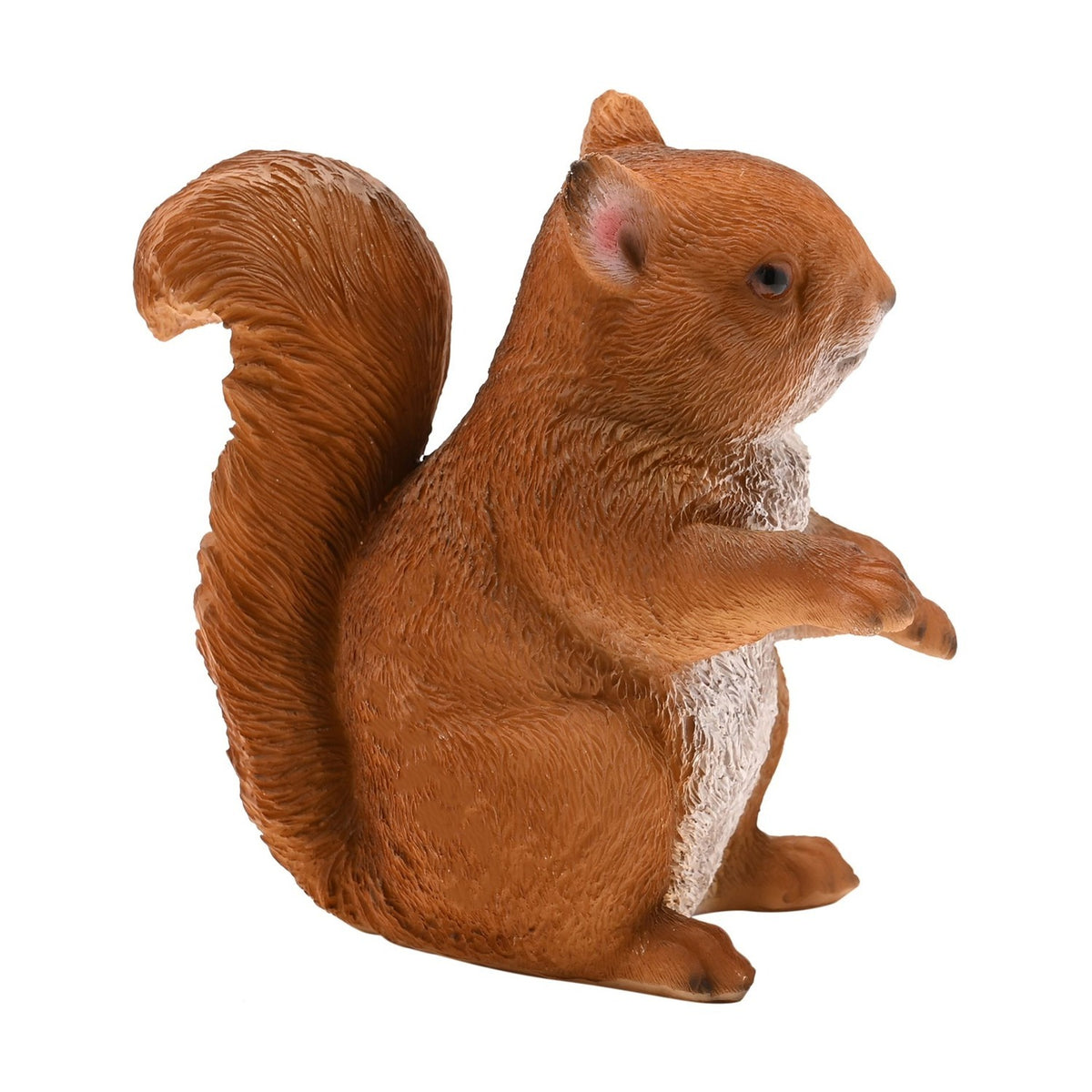 Bushy Tailed Sitting Squirrel Resin Figurine, 12cm, in textured russet-brown with upright pose, raised front paws and curled tail, shown against a plain white background.