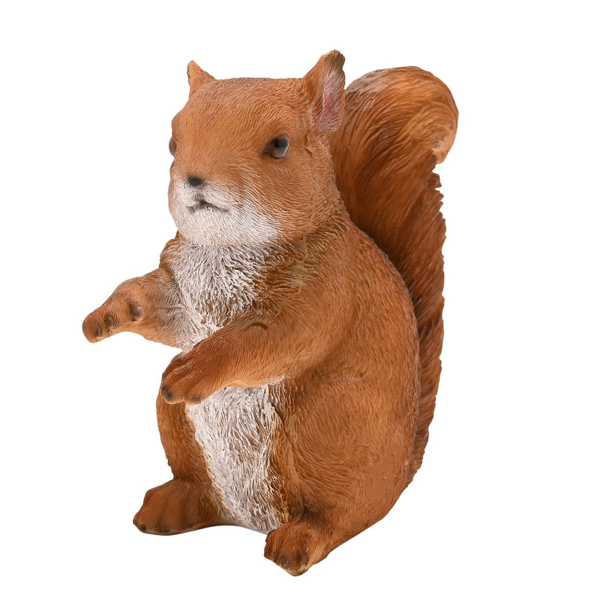 Bushy Tailed Sitting Squirrel resin figurine, 12cm, upright pose with raised front paws and curled tail, textured russet-brown fur, on a plain white background.