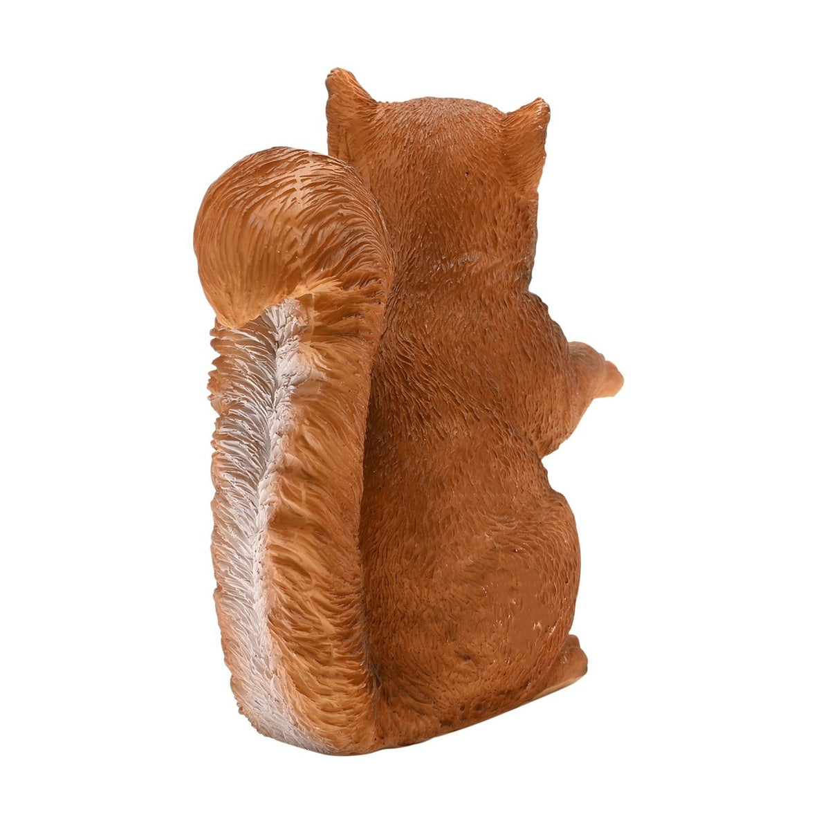 Rear view of the Bushy Tailed Sitting Squirrel Resin Figurine, 12cm, showing its curled textured tail and russet brown fur, on a plain white background.