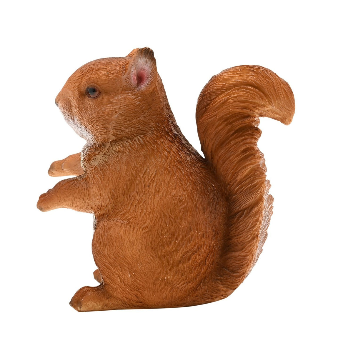 Brown resin squirrel figurine, 12cm, sitting upright with raised front paws and a bushy curled tail, textured fur finish, on a plain white background.
