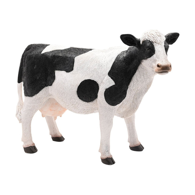 Standing Cow Resin Figurine, 33cm, with textured white coat, bold black patches on shoulders and hindquarters, black ears and hooves, shown on a plain white background.