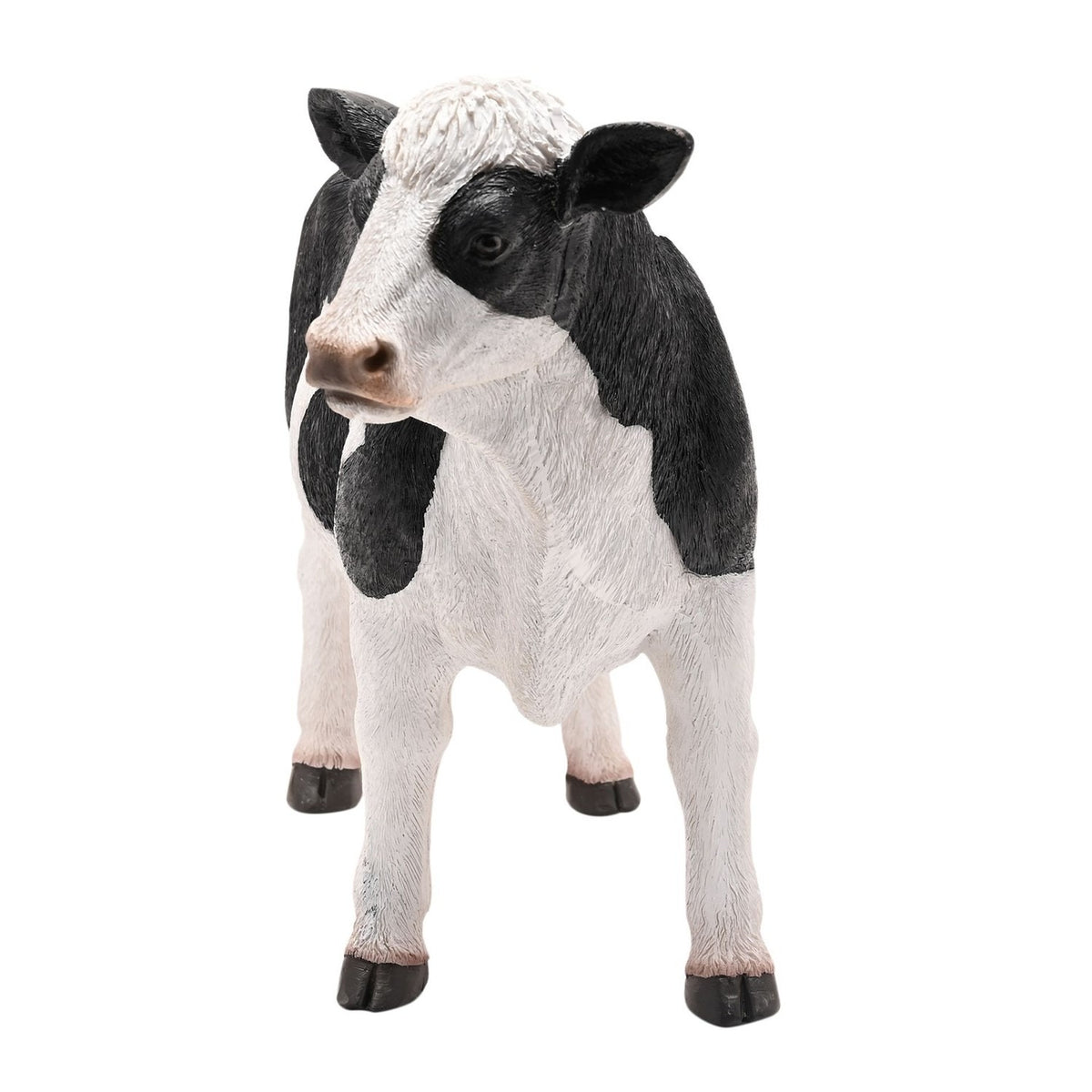 Standing Cow Resin Figurine, 33cm, with a white textured coat, black shoulder and flank patches, black ears, and a tufted white forelock, shown on a plain white background.