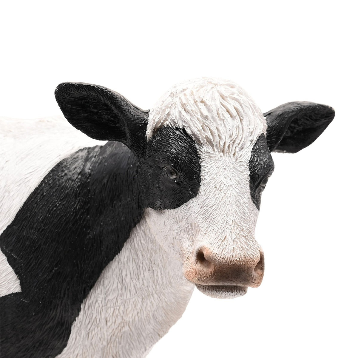 Close-up of the Standing Cow Resin Figurine, 33cm, showing a textured white and black face with black ears and patches, against a plain white background.