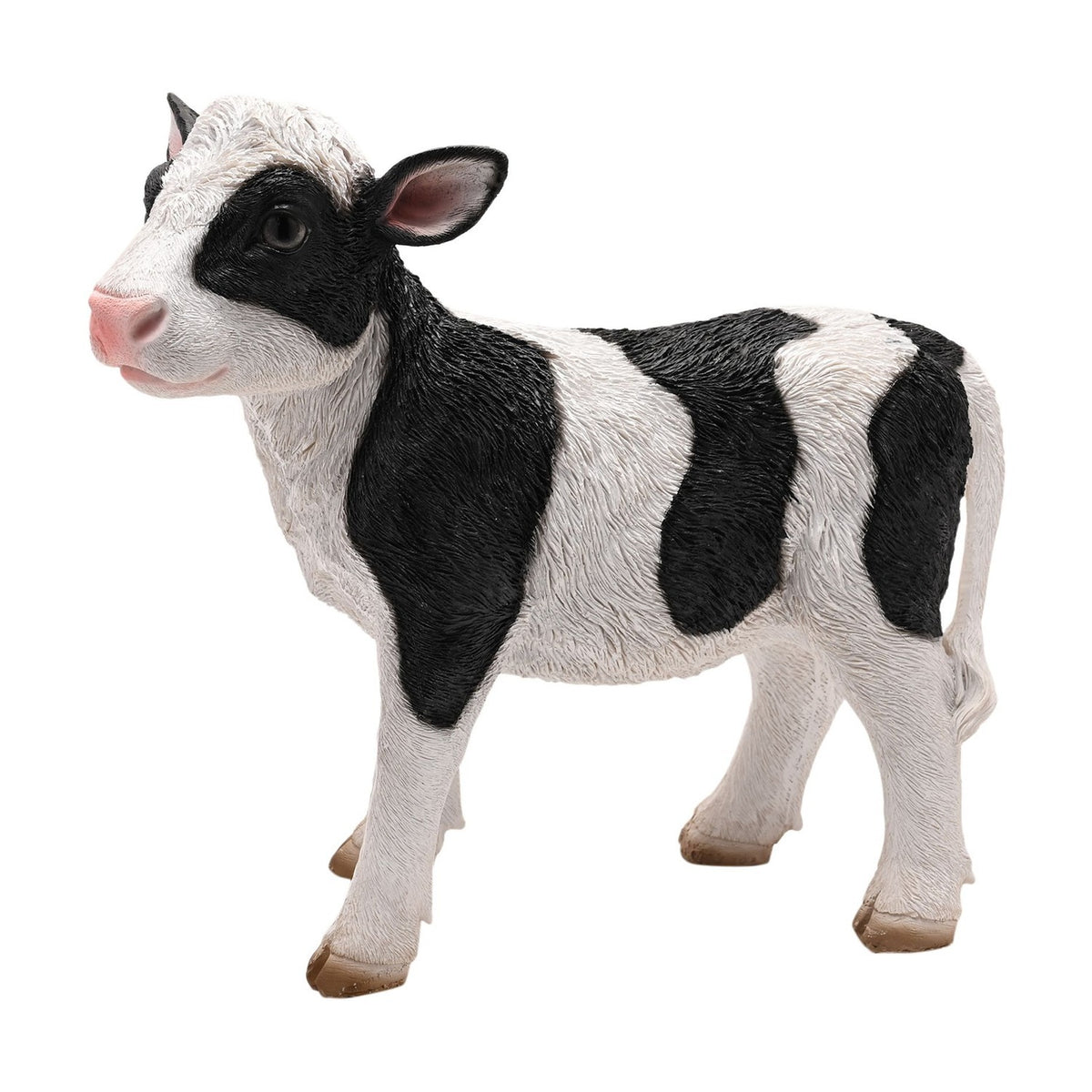 Standing Black Patch Cow Resin Figurine, 30cm, with white coat and bold black patches, pink nose and ears, tan hooves, textured coat detail, on a plain white background.