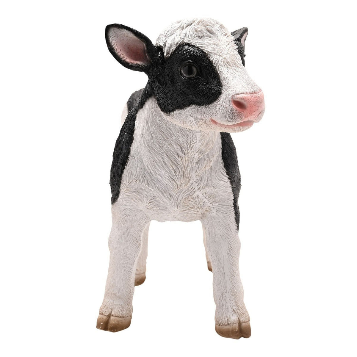 Standing Black Patch Cow Resin Figurine, 30cm, with white coat, bold black patches, pink ears and nose, tan hooves, shown on a plain white background.