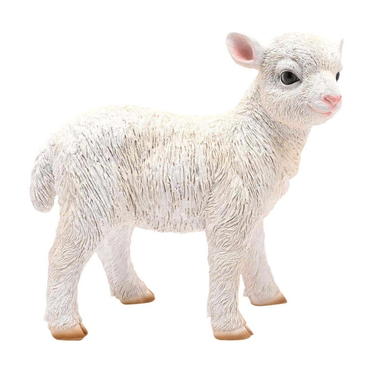 Standing Lamb Resin Figurine with Pink Ears 29.2cm in White, showing a young lamb with deeply ridged fleece, dark glossy eyes, pink ears and nose, and tan hooves, set against a plain white background.