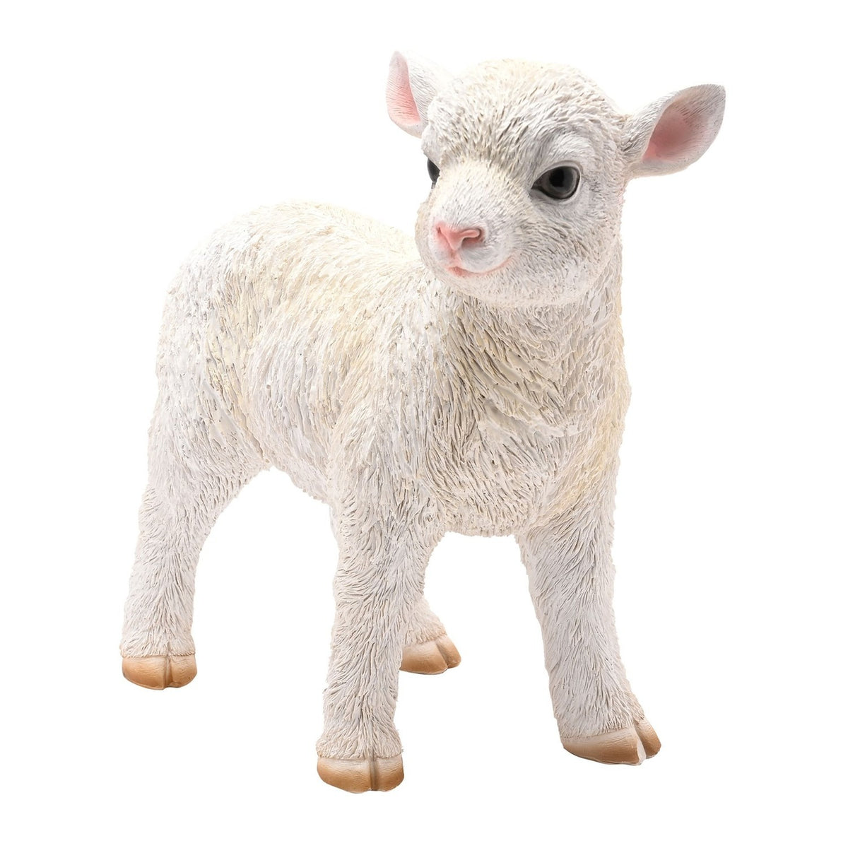 Standing Lamb Resin Figurine, 29.2cm, with textured white fleece, pink-toned ears and nose, dark glossy eyes, and tan hooves, shown on a plain white background.