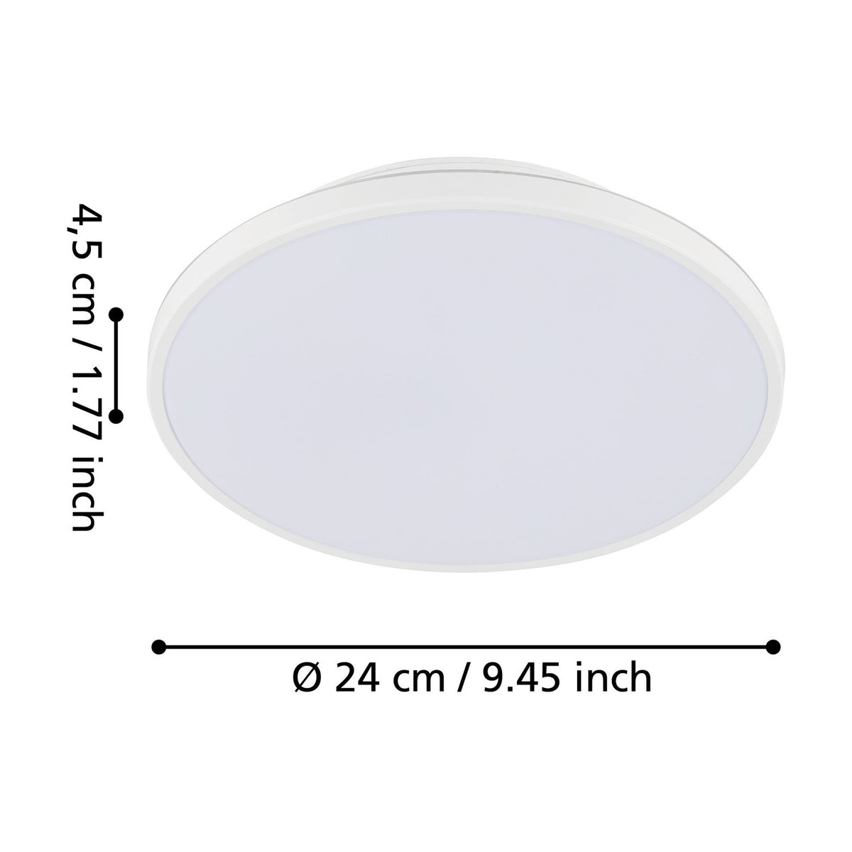 Nelbenne LED Downlight, round white plastic and steel fixture with flat diffuser and stepped rim, 24cm diameter and 4.5cm depth, shown with dimensions on a white background.