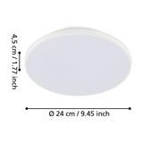 Nelbenne LED Downlight, round white plastic and steel fixture with flat diffuser and stepped rim, 24cm diameter and 4.5cm depth, shown with dimensions on a white background.