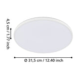 Nelbenne round LED downlight in white, 31.5cm diameter and 4.5cm slim profile, with a flat plastic diffuser, shown on a plain white background with dimension labels.