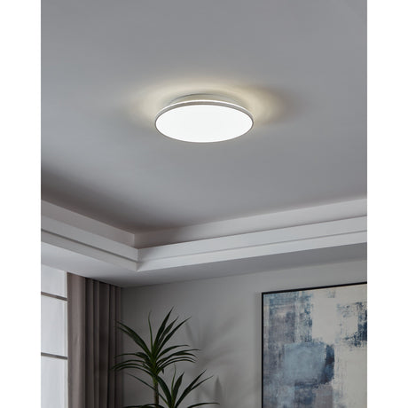 Nelbenne LED Downlight 38cm in white, round and slim with an opal diffuser, mounted on a grey ceiling in a room with cove lighting, a plant, and framed art visible below.