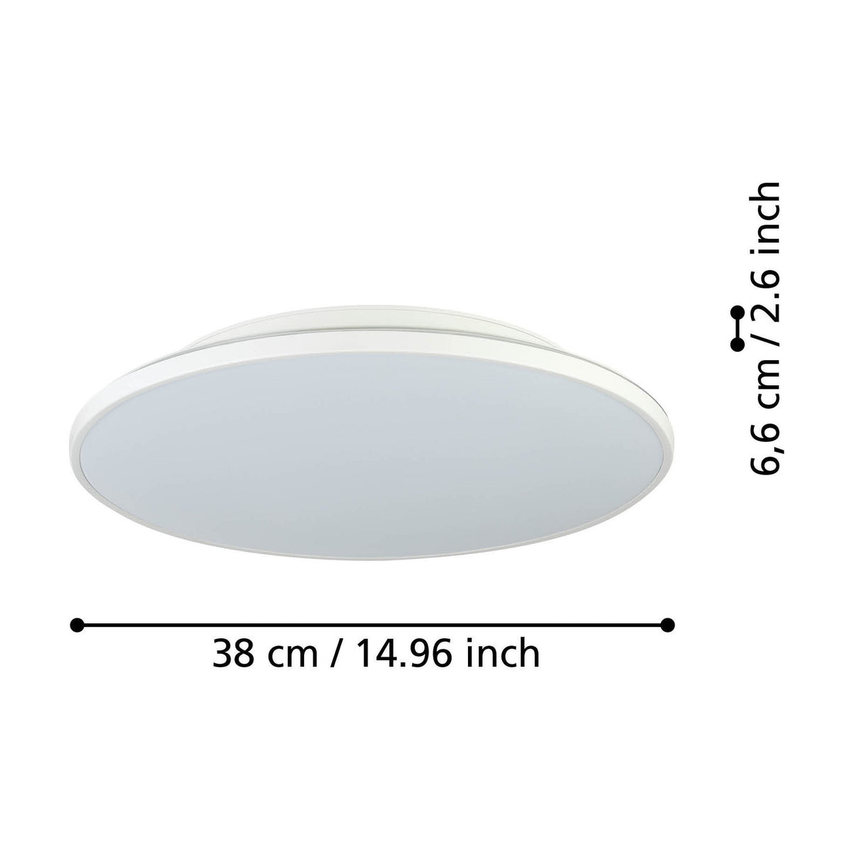 Nelbenne LED Downlight 38cm in white, round slim ceiling fixture with opal diffuser and fine white rim, shown with dimension labels for 38cm width and 6.6cm depth on a plain white background.