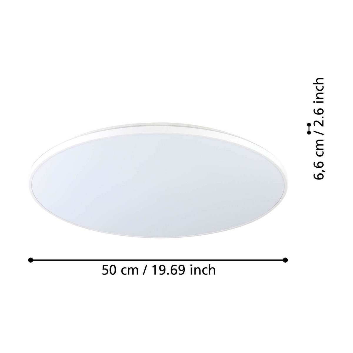 Nelbenne LED Downlight, round white plastic 50cm fixture with slim 6.6cm profile and frosted diffuser, shown with dimension labels on a plain white background.