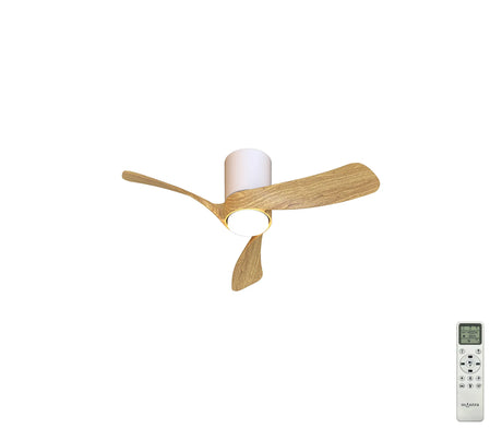 Nemo 72cm ceiling fan with integrated LED light, three wood-effect blades, white cylindrical motor housing, and included remote control shown on a plain white background.