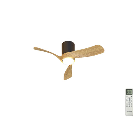 Nemo 72cm ceiling fan with integrated LED light, three wood-tone blades on a black cylindrical housing with warm glow, shown with remote control on a white background.