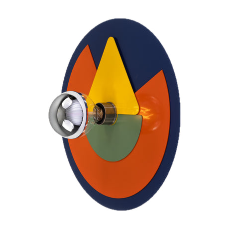 Neptune Modern Wall Light, a round 40cm disc in navy with layered orange, yellow and green geometric panels, holding a single exposed E27 bulb, shown on a white background.