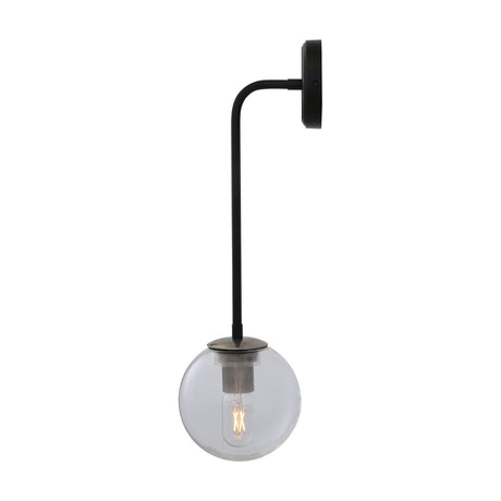 Newport Glass Globe Wall Light with a matt black bent arm, round wall plate, and clear glass globe shade showing an exposed bulb, on a plain white background.