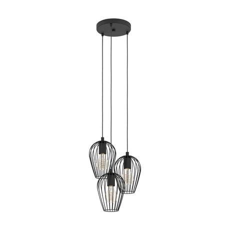 Newtown 3 Light Pendant in black steel, featuring three tapered wire cage shades on individual black cables from a round ceiling canopy, shown on a plain white background.