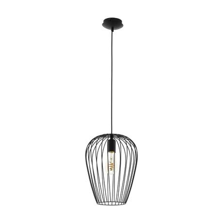 Newtown Pendant Light 27.5cm in black, an open steel wire-cage lantern shade with visible E27 bulb, round ceiling canopy and black cord, shown on a plain white background.
