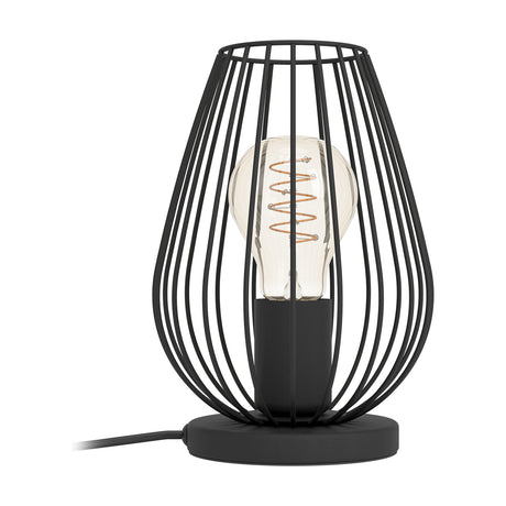 Newtown Table Lamp in black steel with a teardrop-shaped wire cage, round base, and visible E27 bulb inside, shown on a plain white background.