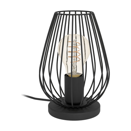 Newtown Table Lamp in black steel with a teardrop-shaped wire cage, round base, and visible E27 bulb, shown on a plain white background.