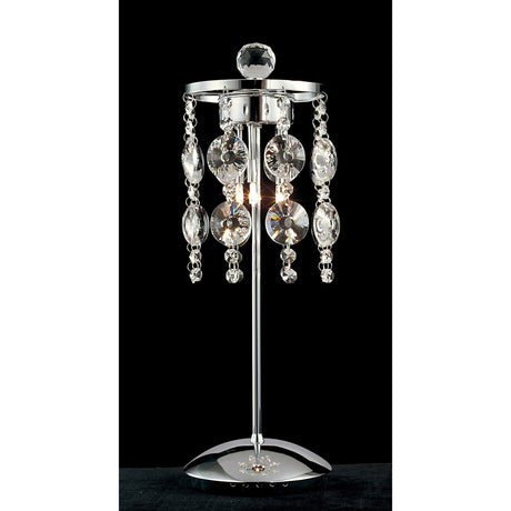 The Nico 3 Light Crystal Table Lamp in polished chrome features a modern design with hanging round and oval optical prism glass accents around the bulb, creating an elegant decorative effect against a black background.