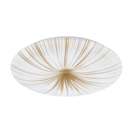 Nieves 1 LED flush ceiling light, 51cm round white diffuser with fine gold lines radiating from centre to rim, white steel body, shown on a plain white background.