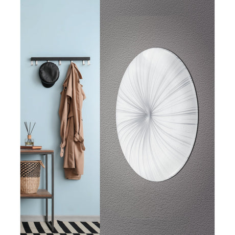 Nieves LED flush ceiling light, 31cm round white diffuser with fine radiating silver lines, mounted on a grey wall beside a hallway scene.