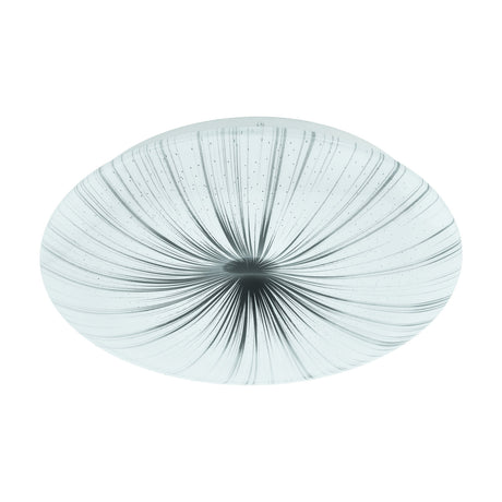 Nieves 31cm round LED flush ceiling light with white steel body and white plastic diffuser featuring fine silver radiating lines, shown on a plain white background.