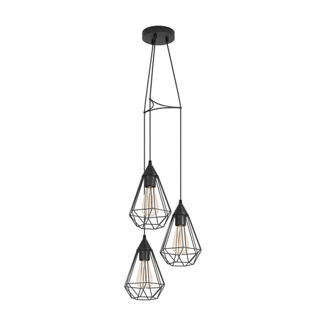 Nilbine 3 Light Pendant in black steel, featuring three diamond-shaped wire cage shades at staggered heights from a round ceiling plate, shown on a white background.