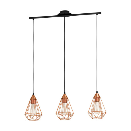 Nilbine Linear Pendant Light in Copper, three open geometric wire cage shades hanging from a black steel bar with round ceiling plate, shown on a white background.