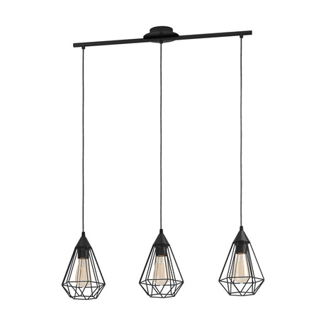 Nilbine Linear Pendant Light in matt black steel, three geometric wire-cage shades with exposed E27 bulbs hanging from a straight ceiling bar, shown on a plain white background.