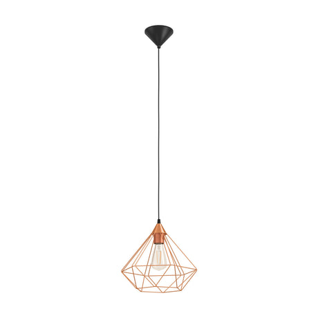 Nilbine Pendant Light 32.5cm in copper-coloured steel with an open diamond wire cage shade, black ceiling canopy and flex, holding a single E27 bulb, shown on a plain white background.
