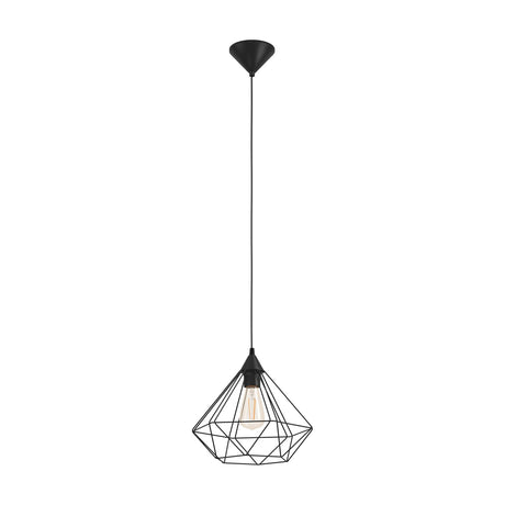Nilbine Pendant Light 32.5cm in matt black, a single E27 fixture with a geometric diamond-shaped steel wire shade on a black cord and ceiling cap, shown on a plain white background.