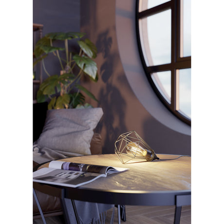 Nilbine Table Lamp in black steel, its faceted wire cage shade lying on its side and lit, shown on a wooden table beside a window and plant.