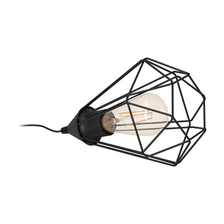 Nilbine Table Lamp in black steel, a faceted open-wire cage lying on its side with an exposed E27 bulb, shown on a plain white background.