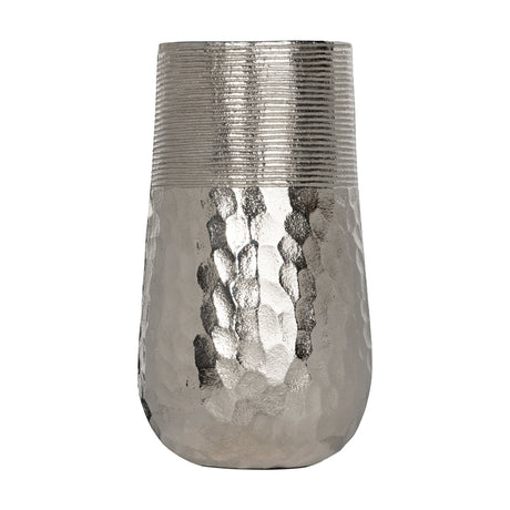 Nilgaut Vase 28cm in nickel-finish aluminium, tall rounded shape with a ribbed upper band and hammered dimpled lower body, shown on a plain white background.