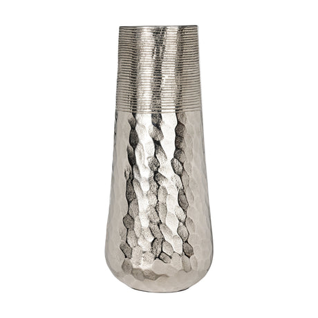 Nilgaut Vase 40.5cm in nickel aluminium, tapering form with ribbed neck band and hammered lower body, shown on a plain white background.