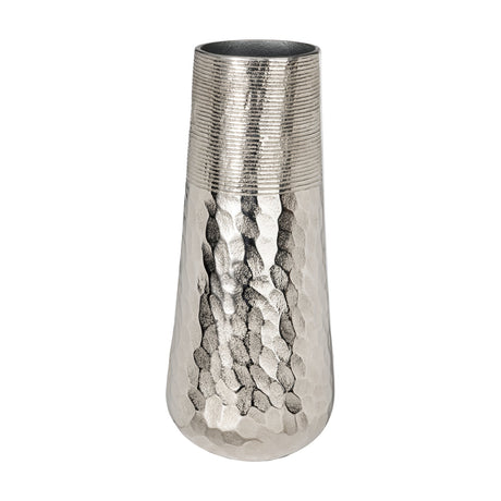 Nilgaut Vase 40.5cm in nickel aluminium, tapered shape with a ribbed neck and hammered lower body, tapering to a rounded base, shown on a plain white background.