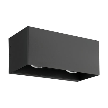Nilvanne LED Outdoor Wall Light in black, a rectangular aluminium box fixture with clear glass panels revealing integrated LEDs, uplighting and downlighting on a plain white background.
