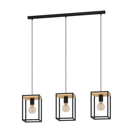 Ninarne Linear Pendant Light with three open black steel cube frames topped by wooden panels, suspended from a black ceiling bar, each fitted with an E27 bulb on a white background.