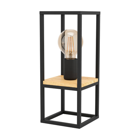 Ninarne table lamp with an open black steel cage frame, brown wooden shelf, and single E27 lampholder holding a globe bulb, on a plain white background.