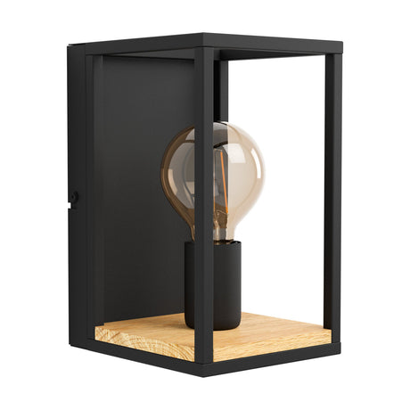 Ninarne wall light with open black steel box frame, solid back panel, wooden base, and upright black E27 bulb holder on a plain white background.