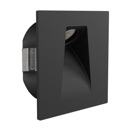 Nirbarne LED Downlight in black steel, square recessed wall fixture with tapered opening and integrated LED, shown at an angle on a white background.