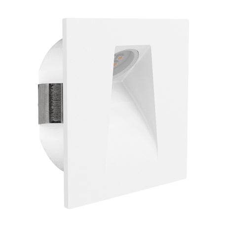 Nirbarne LED Downlight in white, a square recessed steel fixture with an angled opening directing light downward, shown at an angle on a plain white background.