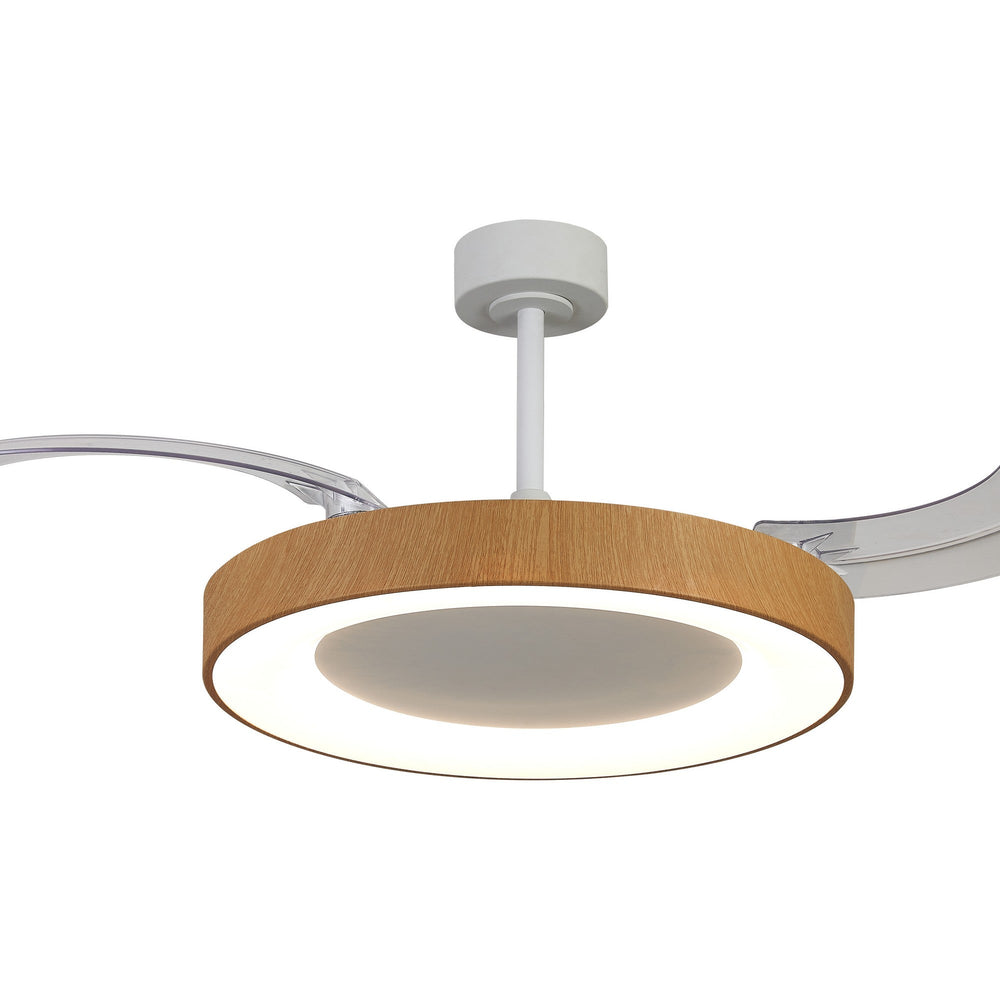 Niseko L ceiling fan light with white drop rod, wood-effect circular rim, integrated LED panel and retractable clear acrylic blades, on white.