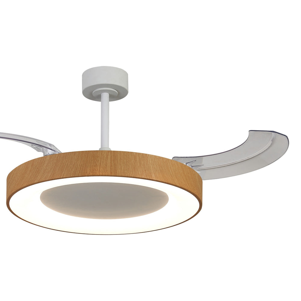 Niseko L ceiling fan light with wood-effect rim, integrated LED ring and retractable clear acrylic blades on a white drop rod.