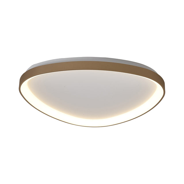 Mantra Niseko triangular flush ceiling light in gold metal with integrated CCT dimmable LED and curved diffuser, shown on a plain white background.